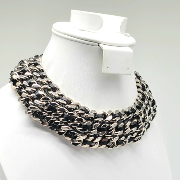 Yves Saint Laurent HEAVY Triple Curb Chain Statement Necklace w Leather Inlay - Picture 8 of 13